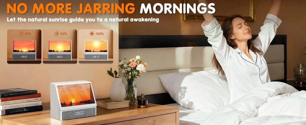 Nehwei sunrise alarm clock with ambient lights and Bluetooth, designed for bedrooms, suitable for kids, adults, and heavy sleepers.