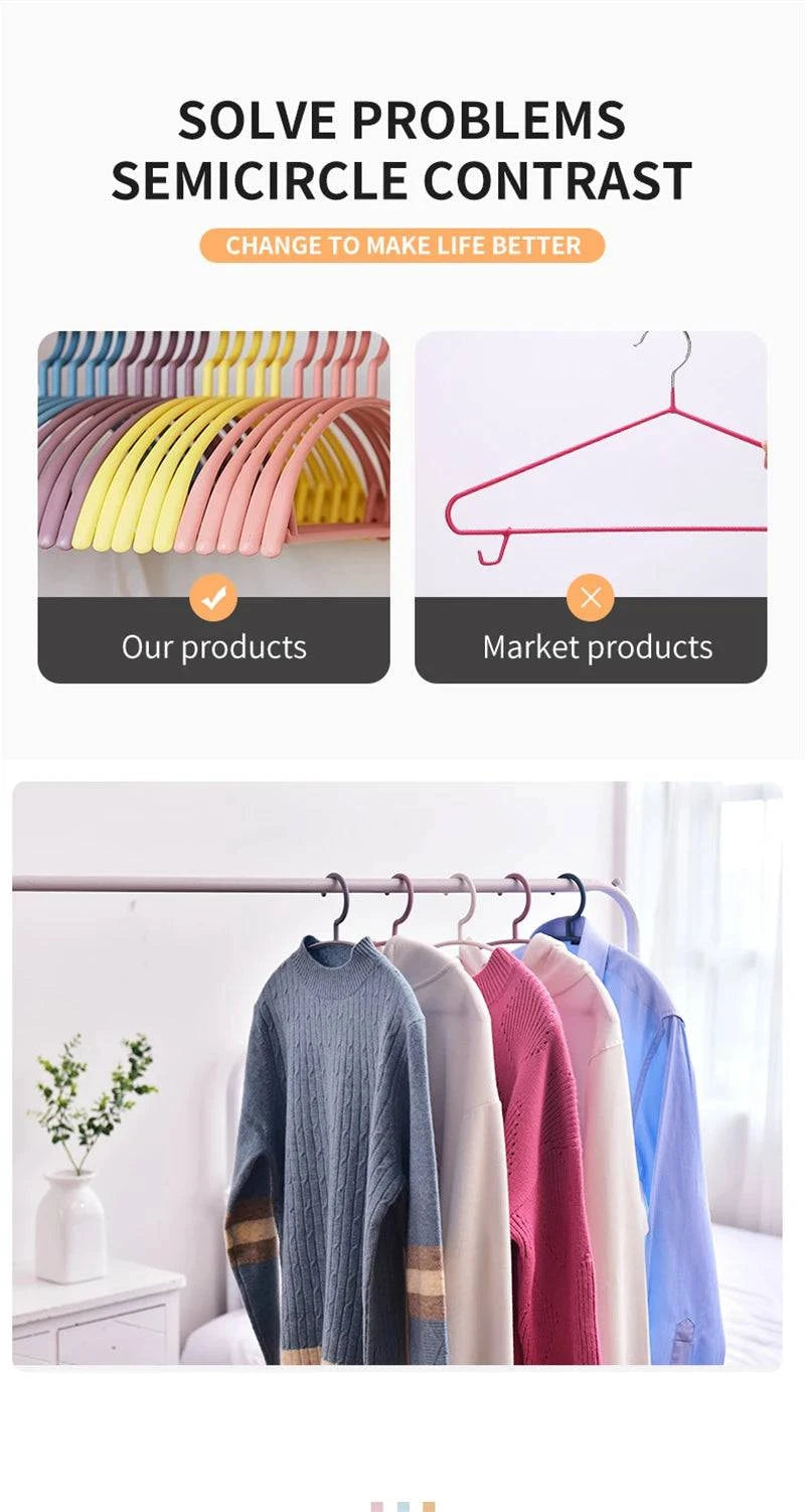 Plastic household clothes hanger with wide shoulders and semi-circular design, ideal for organizing garments seamlessly.