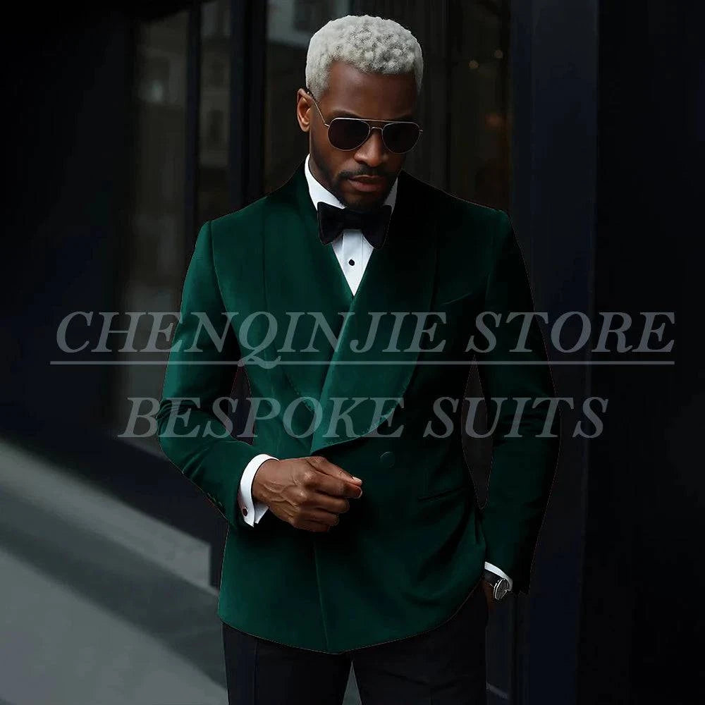 Men's luxury velvet suit by Nehwei enterprise, double-breasted jacket with shawl lapel and slim fit pants, ideal for prom and parties.