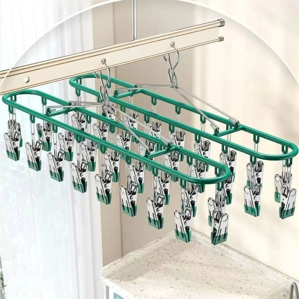 Stainless steel clothes drying rack with 20 clip capacity for socks, underwear, and small garments, designed by Nehwei Enterprise