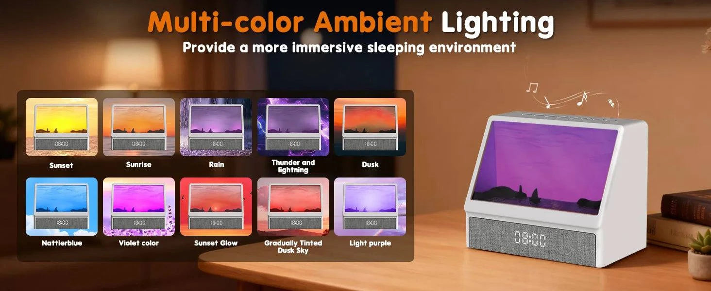 Nehwei enterprise sunrise alarm clock with ambient lights, Bluetooth, and a modern digital display for bedroom use.