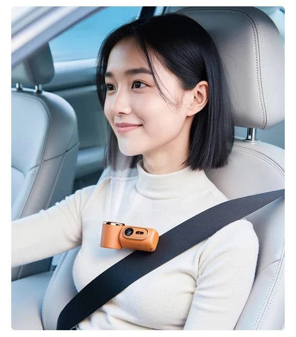 Nehwei handheld mini fan with 3000mAh battery, 5 speeds, LED display, clip, and 180° adjustable head for portable cooling.