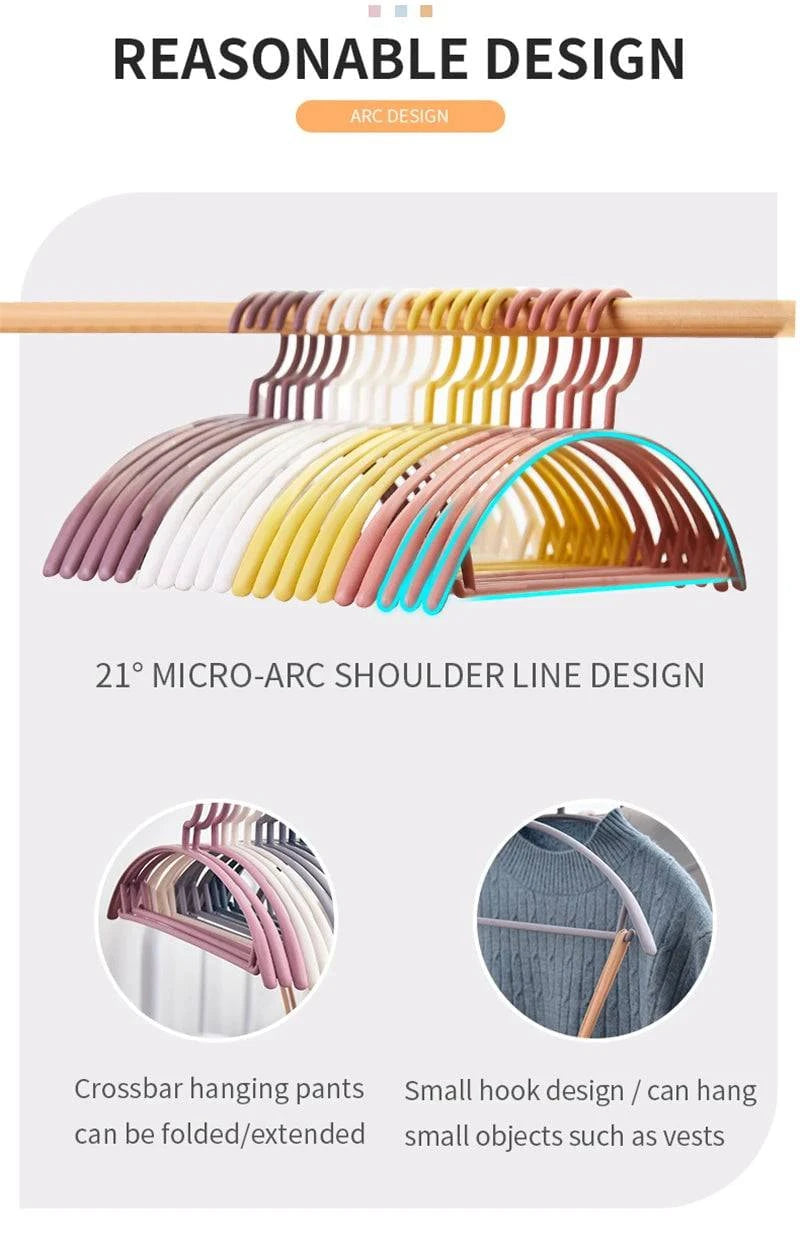 Plastic household clothes hanger with wide shoulders and semi-circular design, ideal for organizing garments smoothly.