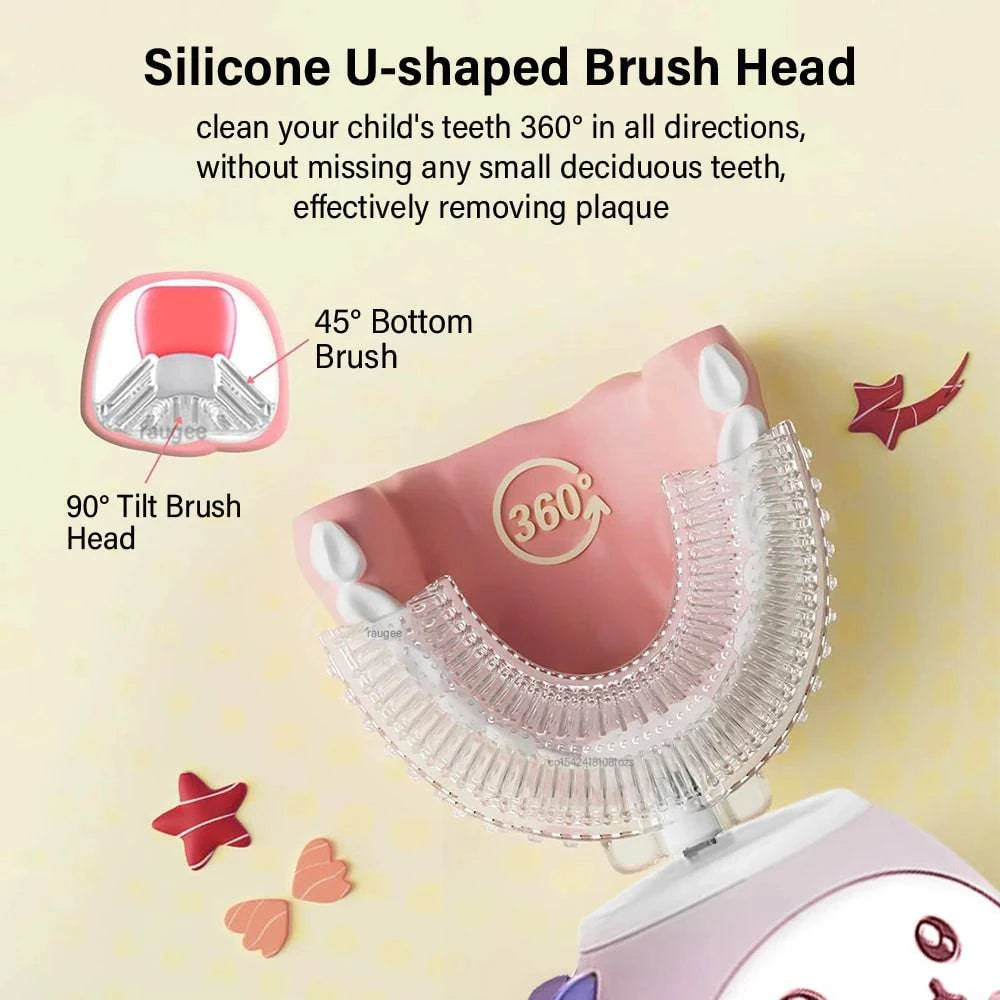 Nehwei children's U-shaped electric toothbrush with colorful cartoon design, USB rechargeable for kids' dental care.