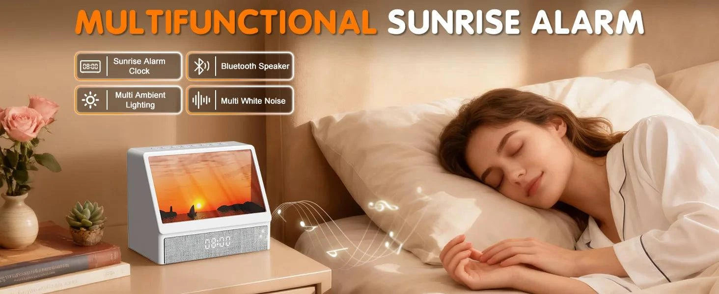 Nehwei Sunrise Alarm Clock with ambient lights, Bluetooth, and wake-up light for kids and adults in a bedroom setting