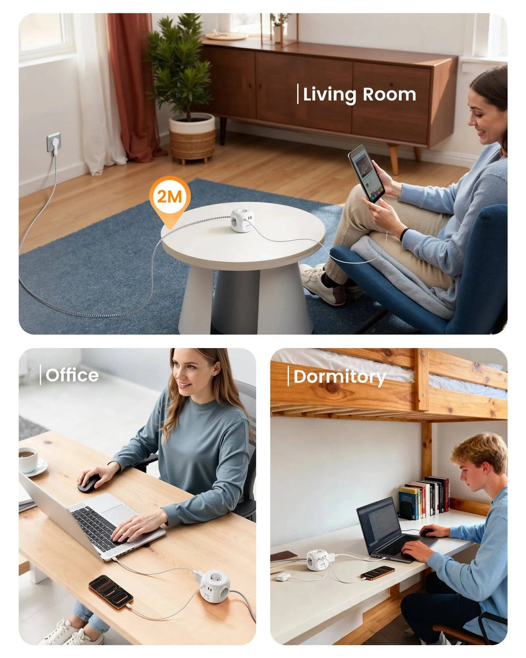 Nehwei enterprise LENCENT flat EU plug power strip cube with 4 AC outlets, 2 QC3.0 USB, 1 Type C PD20W, braided cable.