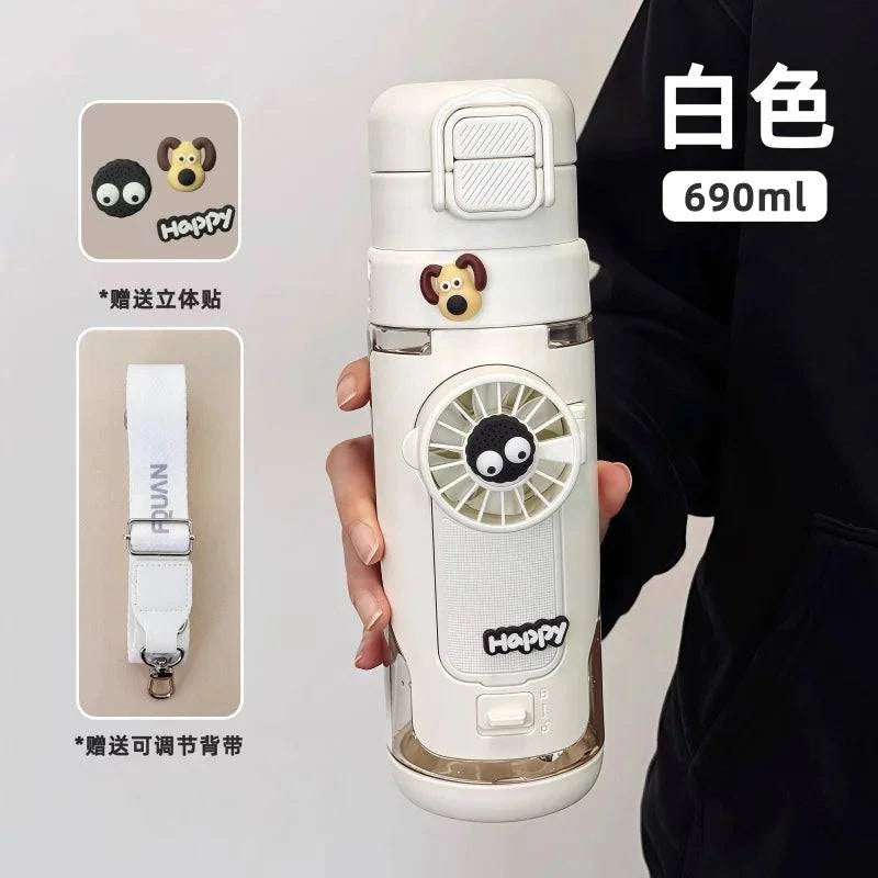 Nehwei 2-in-1 portable water bottle with built-in fan and mist spray, leakproof design for outdoor sports and kids.