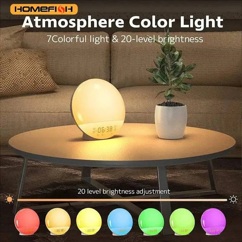Nehwei Sunrise Sunset Alarm Clock with colorful atmosphere light, FM radio, and natural sound tunes, shown with digital display and controls.