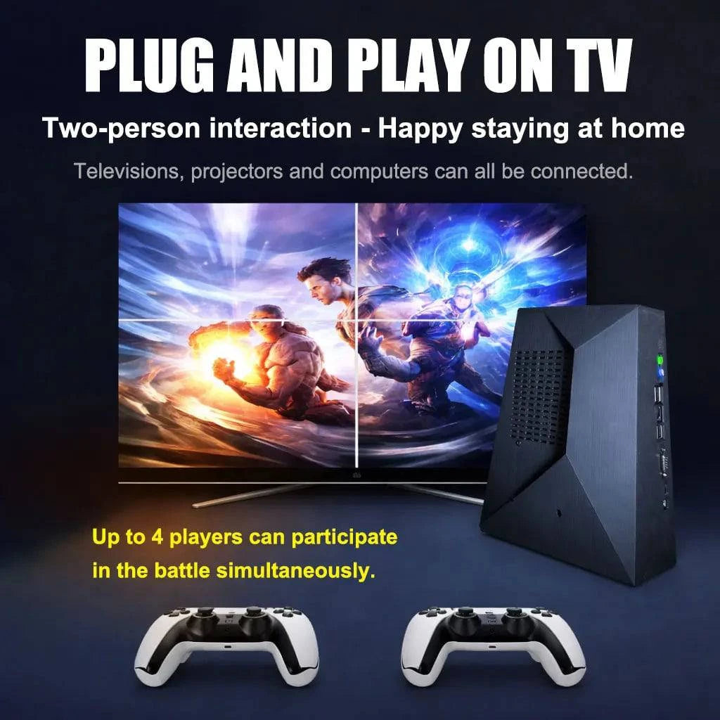 Nehwei G5 Game Retro Console with wireless controller, showcasing 4K HD screen and various game cartridges for kids entertainment