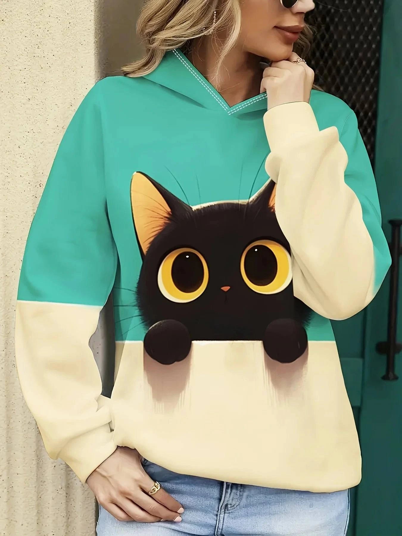 Cute cat 3D print hoodie by Nehwei enterprise, unisex oversized casual sweatshirt with a feline design, perfect for autumn wear.