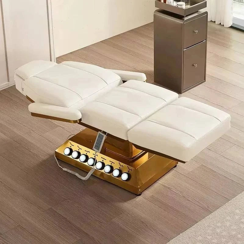 Nehwei enterprise electric massage table with adjustable lash bed, 3/4 motors, facial treatment surface, and foot control for cosmetic use.