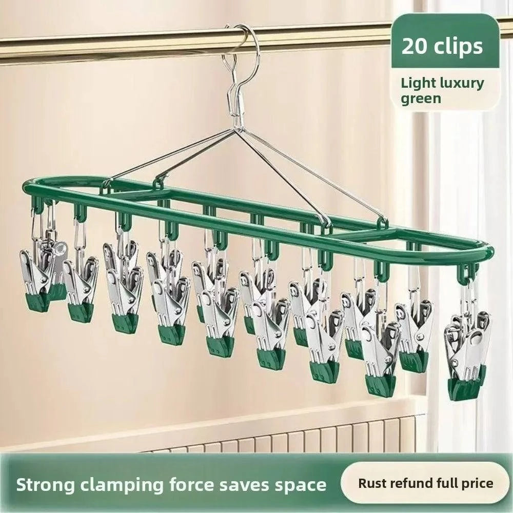 Stainless steel clothes drying rack with 20 clip capacity for socks, underwear, and clothes, designed by Nehwei enterprise.