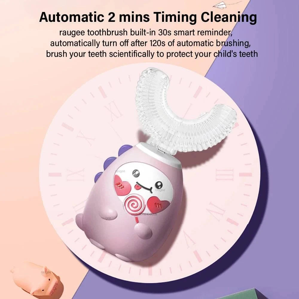 Nehwei children's U-shaped electric toothbrush with cartoon design, USB rechargeable for kids' dental cleaning.