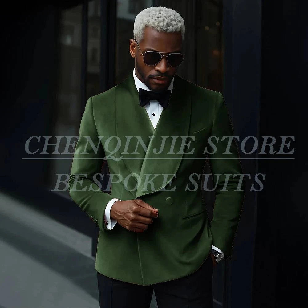 Nehwei enterprise men's luxury velvet double-breasted suit with shawl lapel, slim fit jacket and matching pants for prom or party.