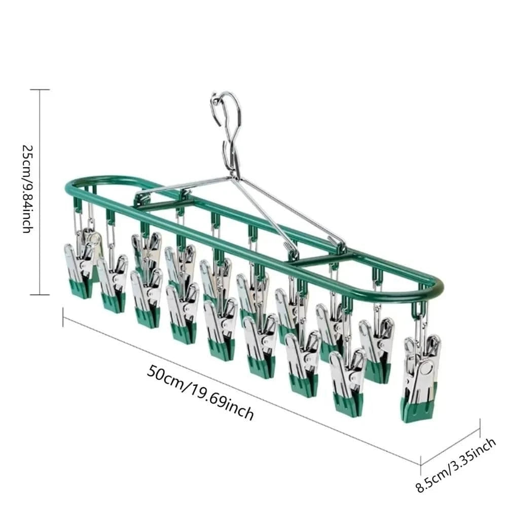 Stainless steel clothes drying rack with 20 clip capacity for shirts, socks, and underwear, featuring Nehwei Enterprise unmarked design.