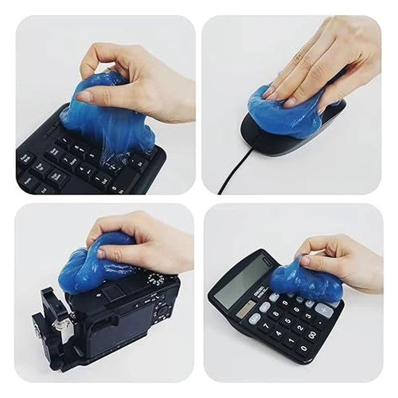 Blue reusable cleaning gel by Nehwei enterprise, shown in a hand, used for cleaning keyboards, car vents, and small gaps.
