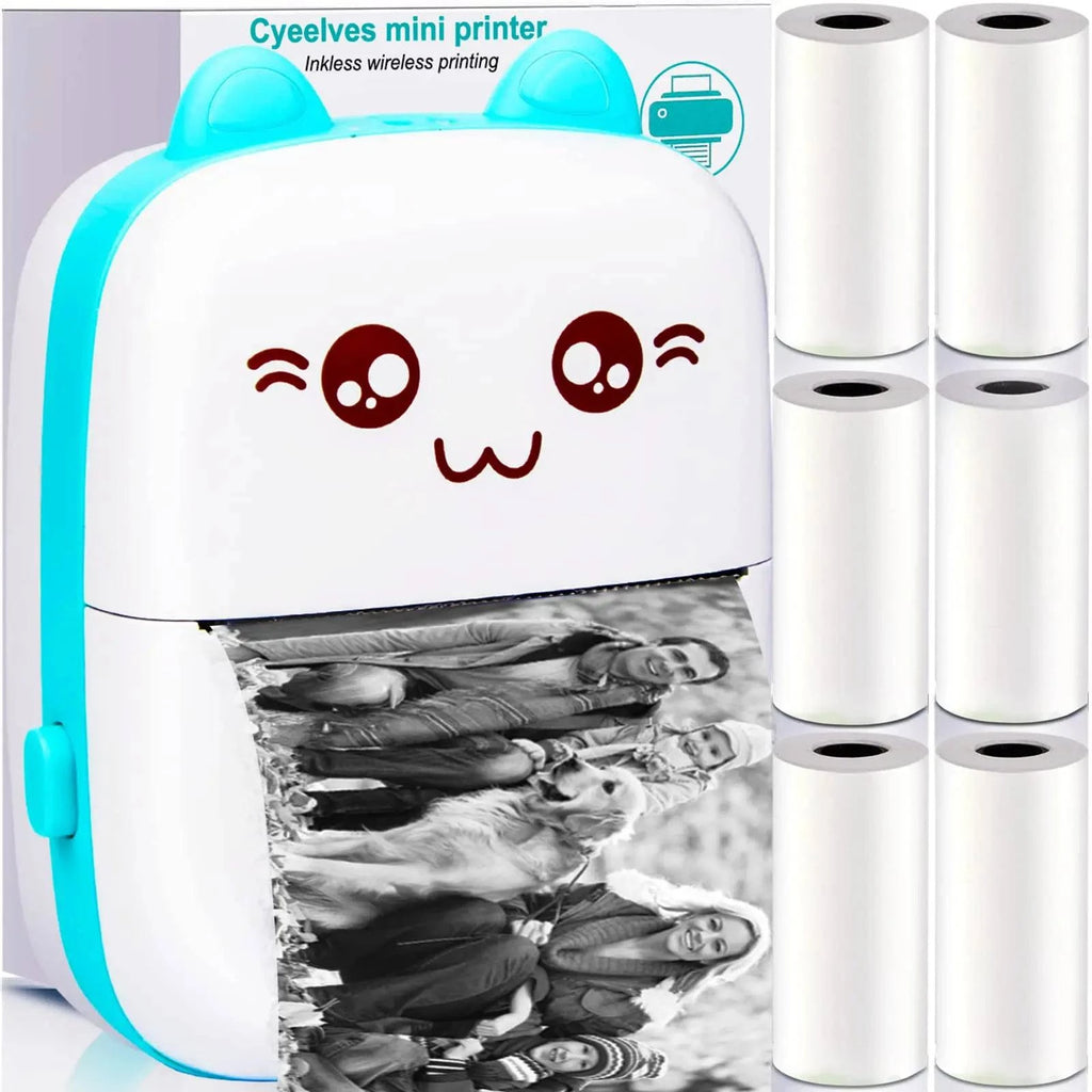 Nehwei portable mini thermal printer with Bluetooth, compact design, showing paper rolls and connected to iOS and Android devices.
