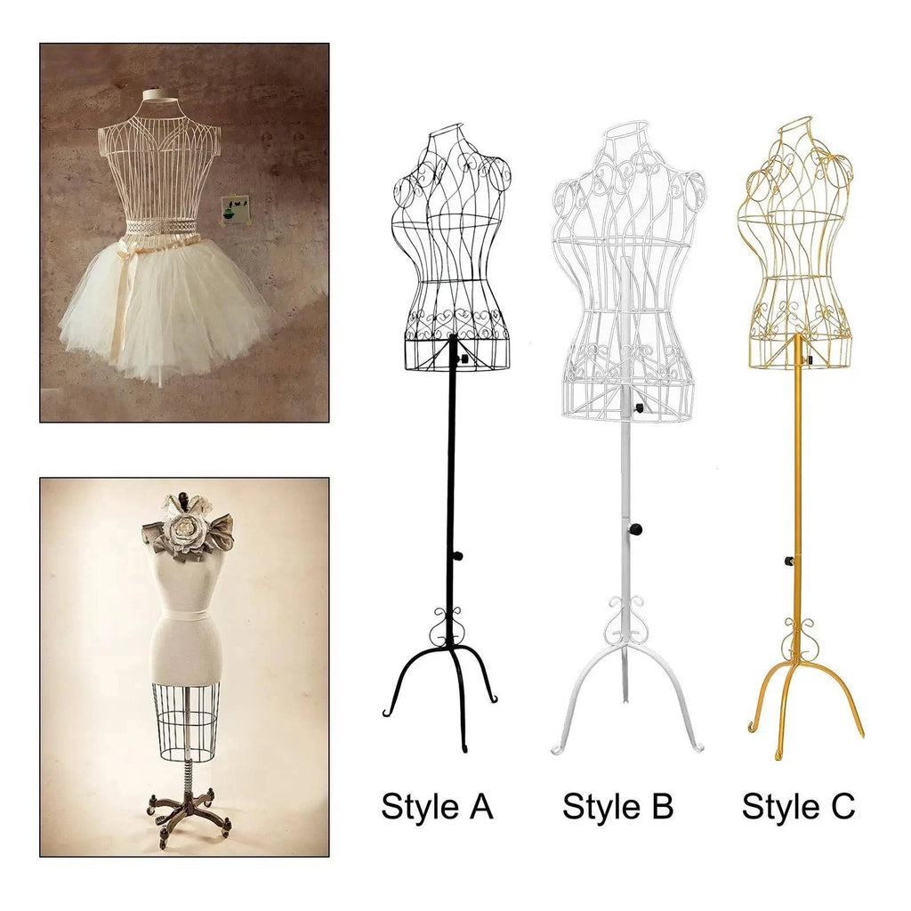 Female mannequin iron dress form with stable base, adjustable height, torso body for tailors and dressmakers display.