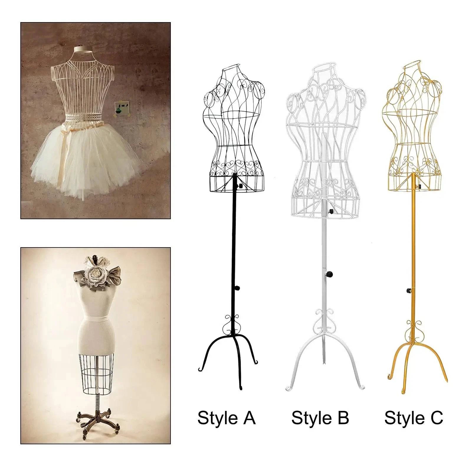 Female mannequin iron dress form with stable base, adjustable height, torso body for tailors and dressmakers display.