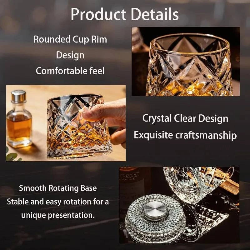 Nehwei enterprise 360° rotating whisky glass with thick base, perfect for bourbon and scotch, showcasing crystal clarity and unique design.