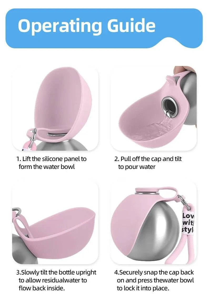 Nehwei 2-in-1 portable dog water bottle with 285ml capacity, outdoor dog drink dispenser and travel water bowl for small dogs.