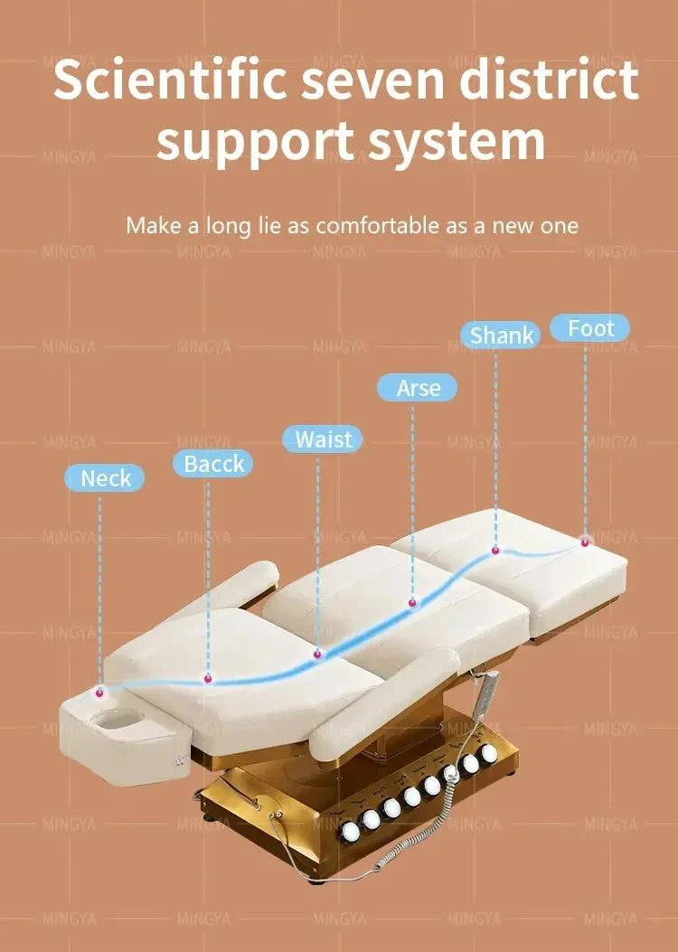 Electric massage table with adjustable height, eyelash treatment bed, Nehwei enterprise, featuring foot control and cushioned surface.