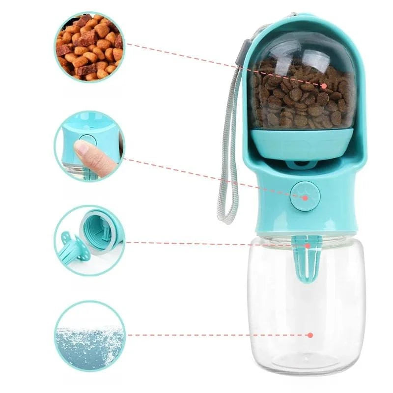 Portable Nehwei pet water bottle with food container for dogs and cats, outdoor leak-proof water dispenser with drinking spout.
