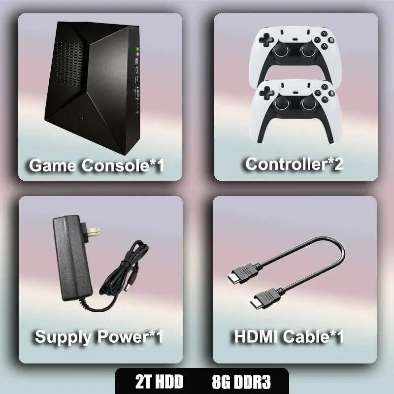 Nehwei G5 Game Retro Console with wireless controllers, showing 4K HD display and a variety of game cartridges and emulators.