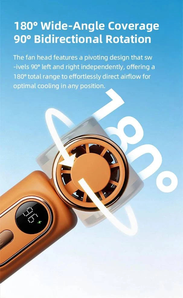Nehwei enterprise handheld mini fan with LED display, 5 speeds, clip, rechargeable 3000mAh battery, and 180° adjustable head.