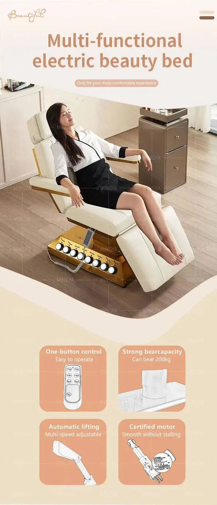 Nehwei enterprise electric massage table with 3/4 motors, adjustable lash bed for facial and eyelash treatments, with foot control.