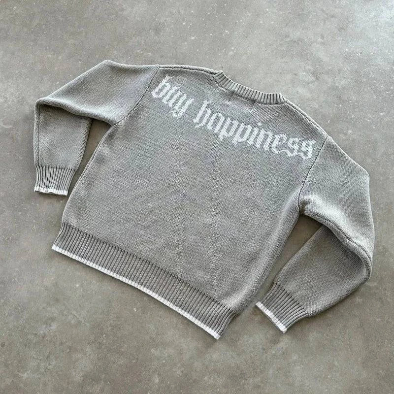 Nehwei enterprise oversized men's round neck knitted sweater with gothic embroidery, full sleeves, casual streetwear style.