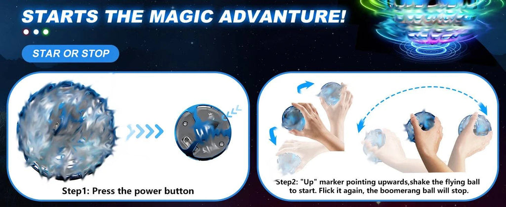 Nehwei enterprise 2026 AI flying orb ball toy with galaxy cosmic design, hovering and spinning like a boomerang or hand drone.
