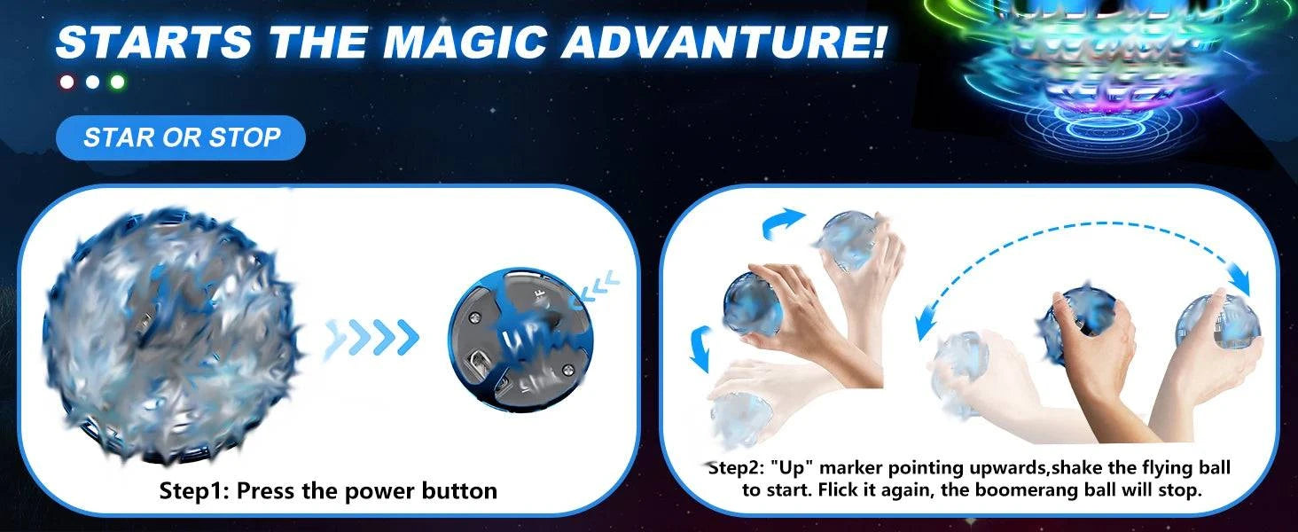 Nehwei enterprise 2026 AI flying orb ball toy with galaxy cosmic design, hovering and spinning like a boomerang or hand drone.