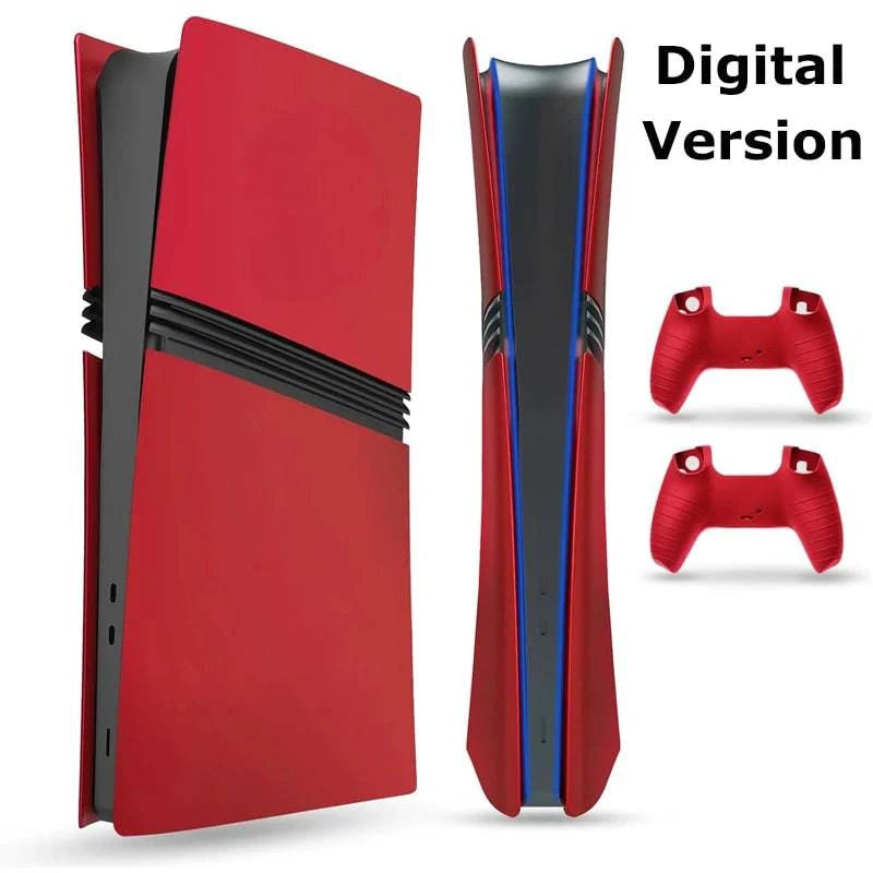 Nehwei enterprise PS5 Pro faceplate cover with matte skin in red, includes two silicone controller covers, digital and disc editions.