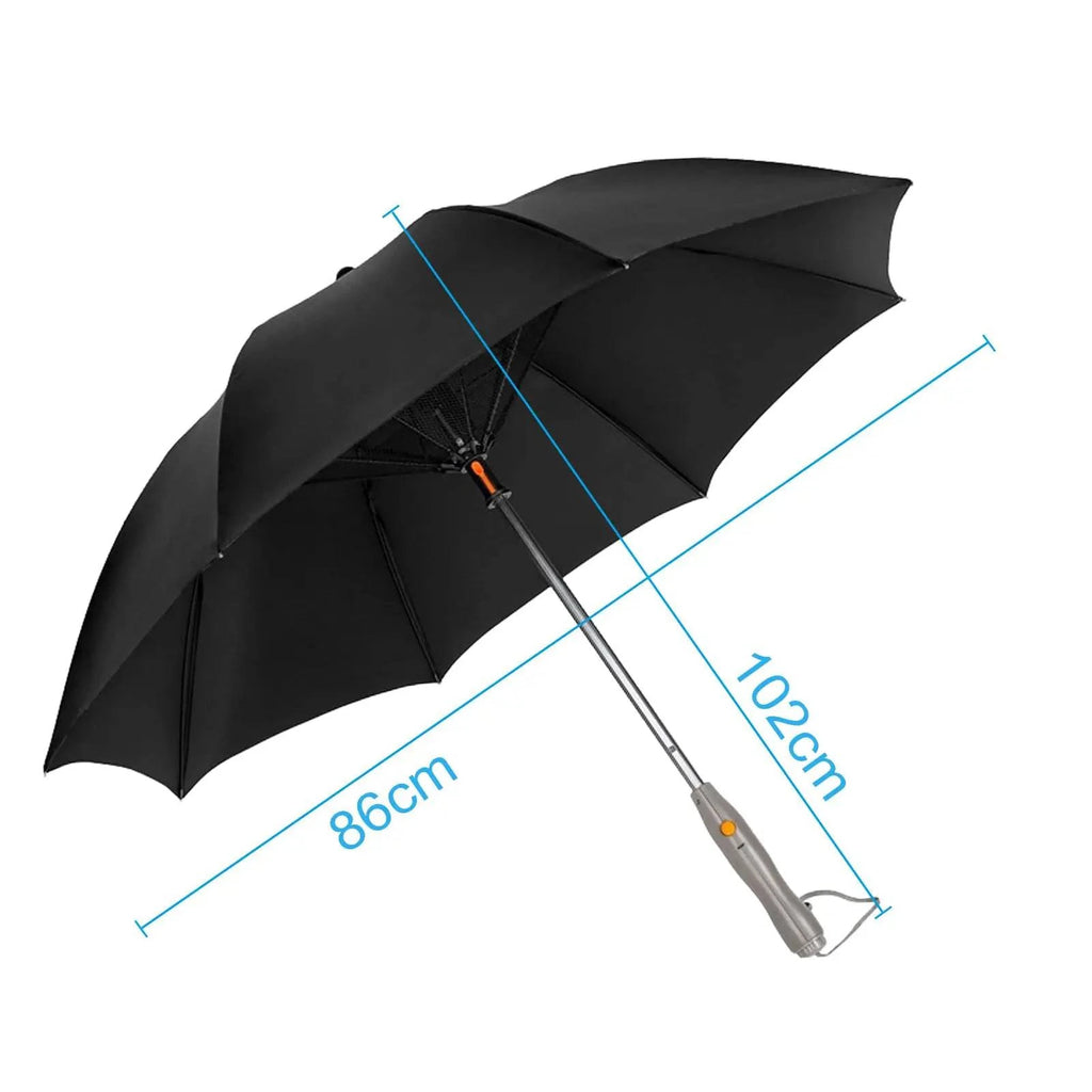 Nehwei 3-in-1 portable umbrella with built-in fan, mist spray, UV protection, and battery power for summer cooling.