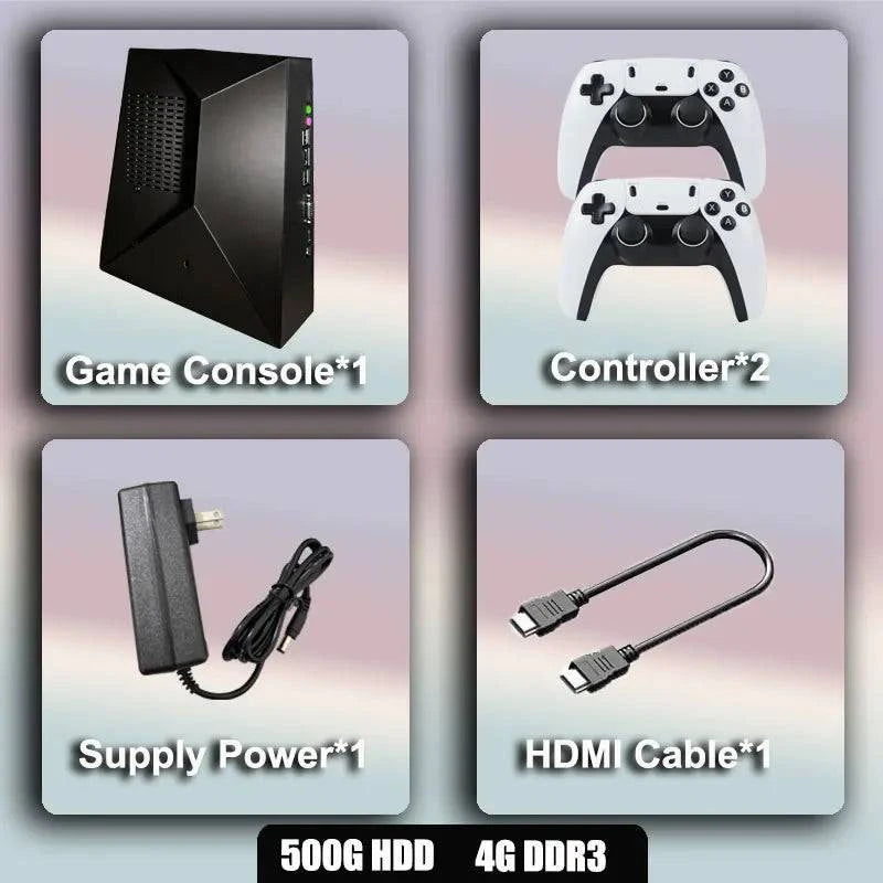 Nehwei G5 Game Retro Console with wireless controller, 4K HD display, showcasing classic game interface and various emulators on screen.
