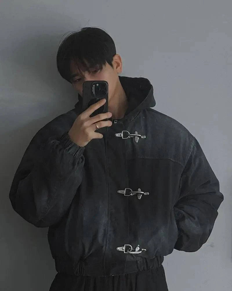 Nehwei enterprise oversized hoodie coat with snap fasteners, high street Y2K retro Harajuku punk button jacket for men.