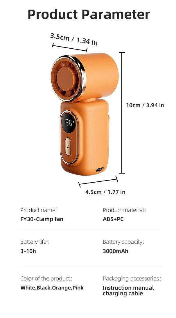 Nehwei handheld mini fan with LED display, 5 speeds, rechargeable 3000mAh battery, adjustable 180°, portable clip-on cooling fan