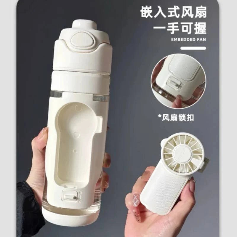 Nehwei enterprise 2-in-1 portable water bottle with built-in fan and mist spray, leakproof design for outdoor sports and kids.