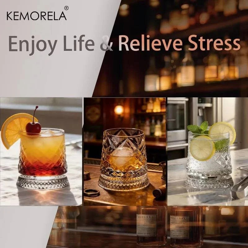 Nehwei 360° rotating crystal whisky glass with thick base, ideal for bourbon and scotch, displayed on a reflective surface.
