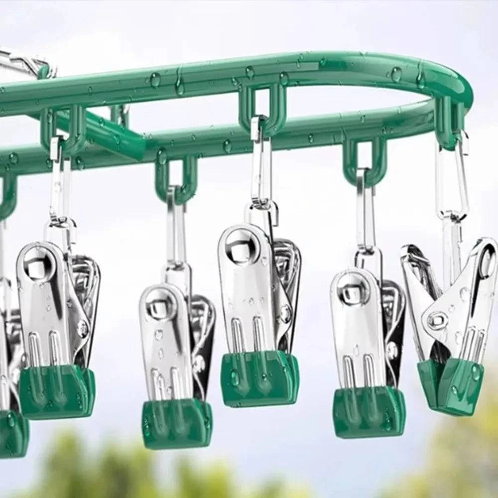 Stainless steel clothes drying rack with 20 clip capacity, featuring underwear and sock clips, by Nehwei Enterprise.