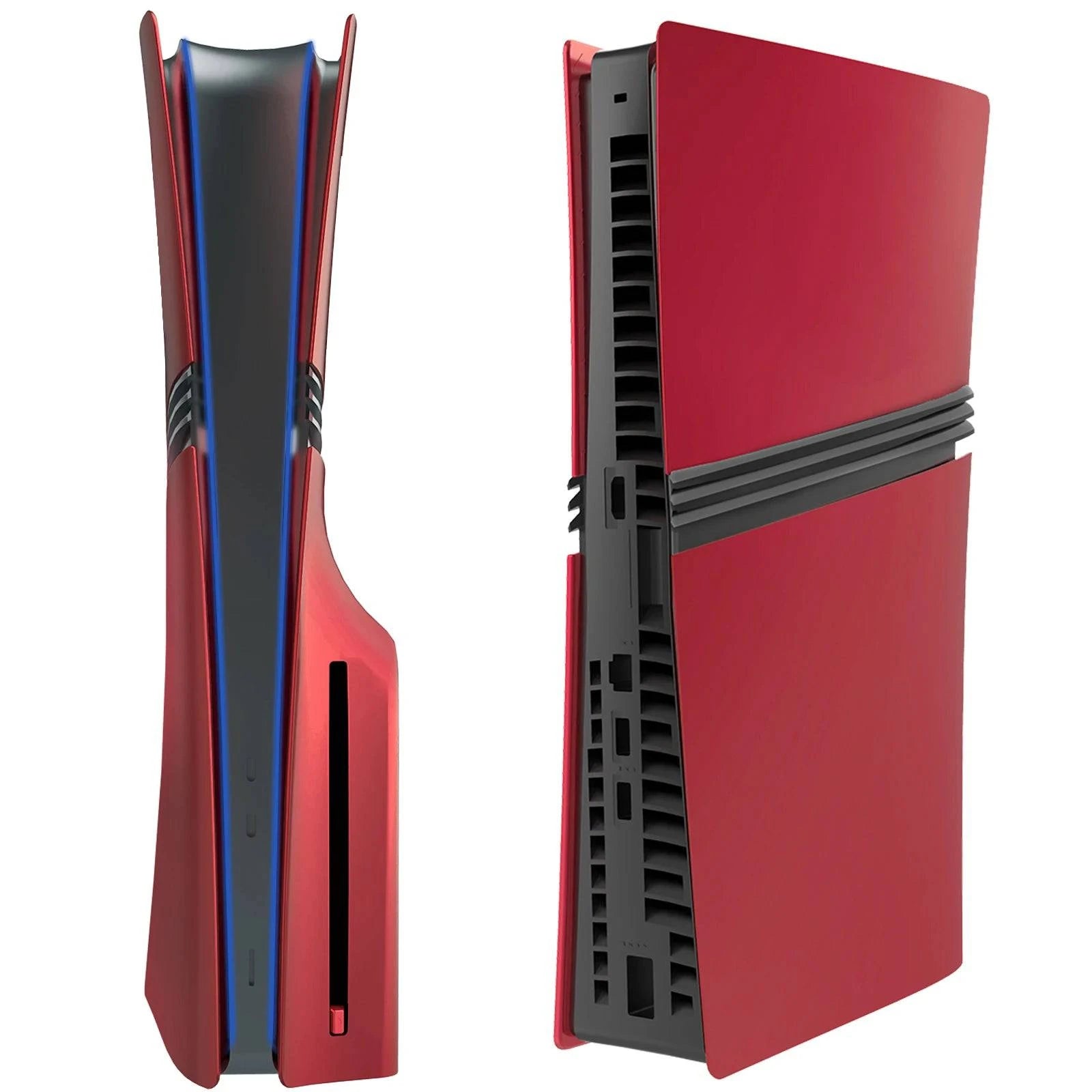 Nehwei enterprise PS5 Pro faceplate cover with matte skin finish and two red silicone controller covers on a digital and disc edition console.