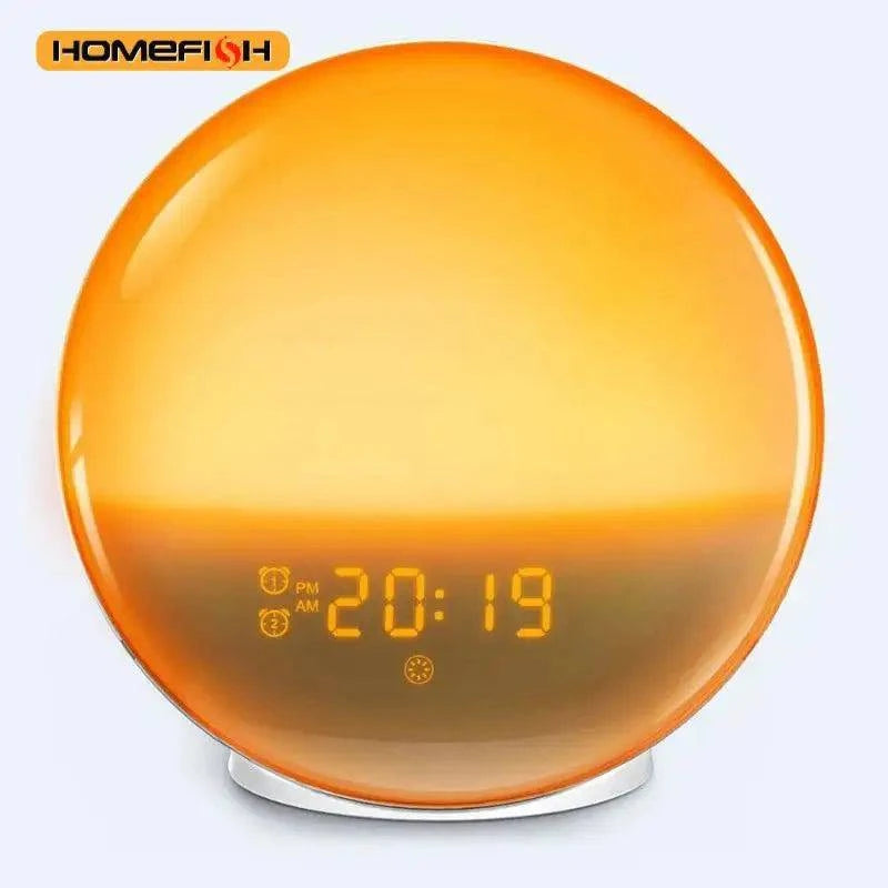 Nehwei enterprise sunrise sunset alarm clock with colorful atmosphere light and FM radio, showing digital display and natural sound options.