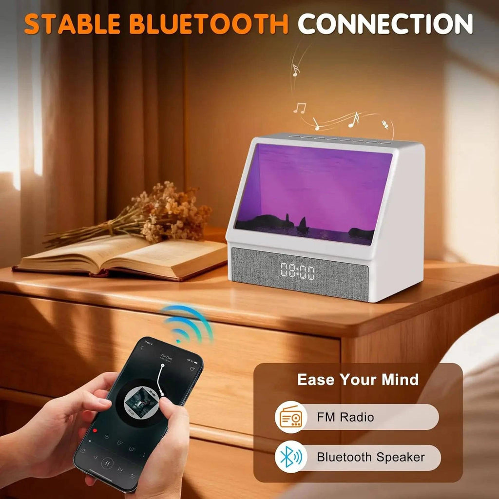 Nehwei Sunrise Alarm Clock with white body, ambient lights, Bluetooth speaker, and digital display for kids and adults.