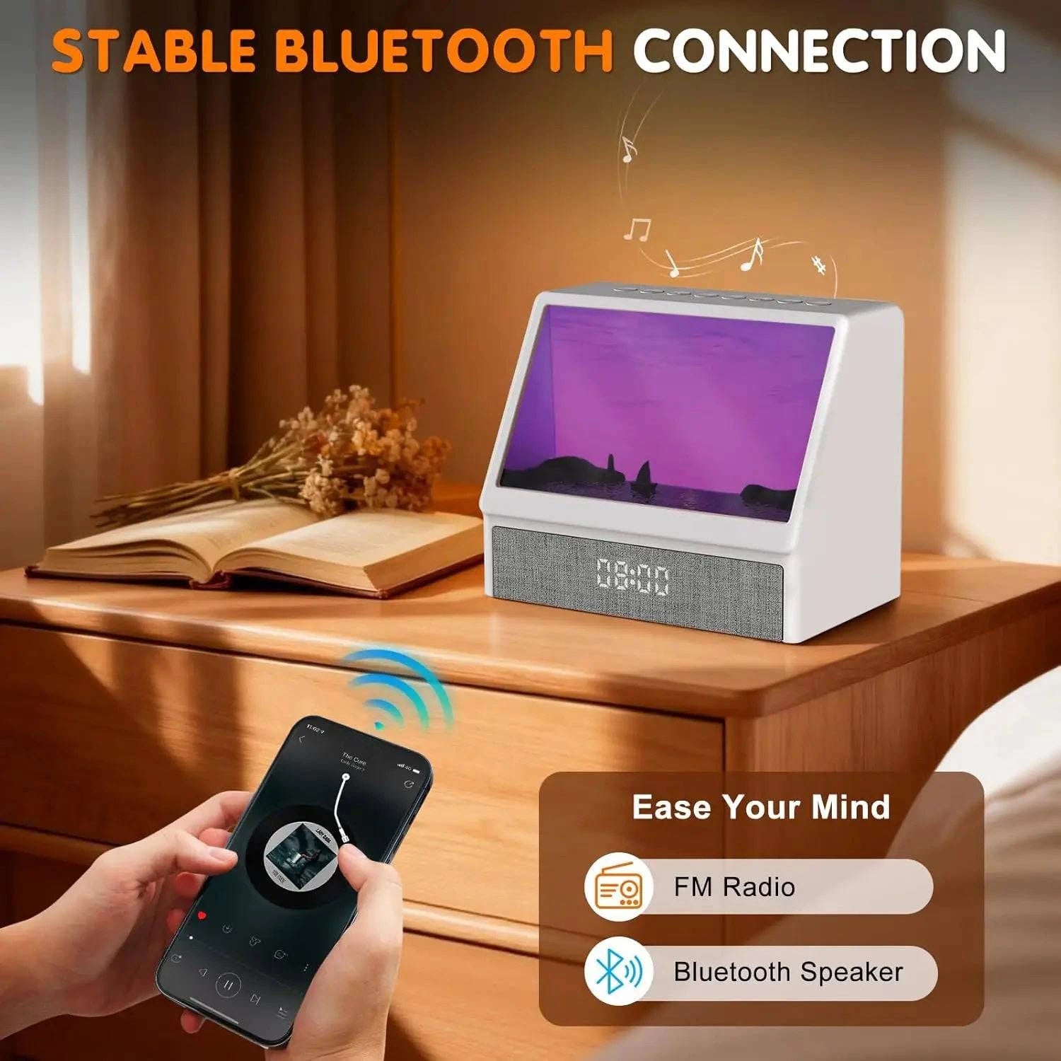 Nehwei Sunrise Alarm Clock with white body, ambient lights, Bluetooth speaker, and digital display for kids and adults.