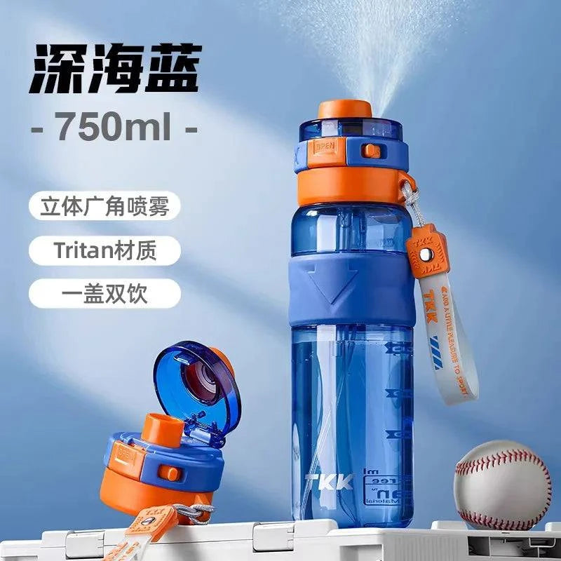 Nehwei enterprise 2-in-1 portable water bottle with fan mist spray, leakproof cooling cup for outdoor sports and kids.