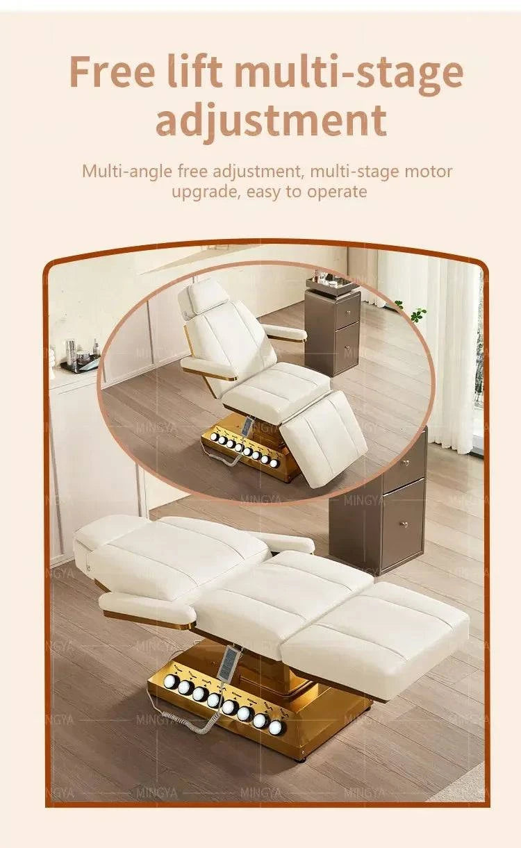 Electric massage table by Nehwei enterprise with adjustable height, 3/4 motors, foot control, designed for facial and eyelash treatments.