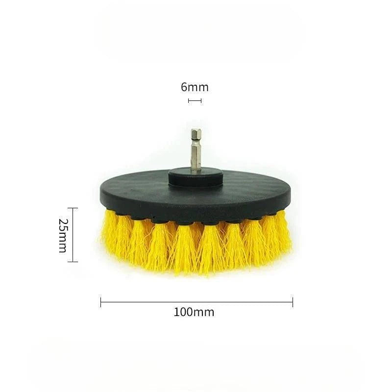 Nehwei enterprise electric scrubber brush drill kit with nylon brushes for carpet, glass, car tires, and surfaces in 2 to 5-inch sizes.