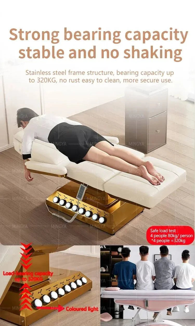 Nehwei enterprise electric massage table with 3/4 motors, adjustable lash bed with foot control for facial and cosmetic treatments.