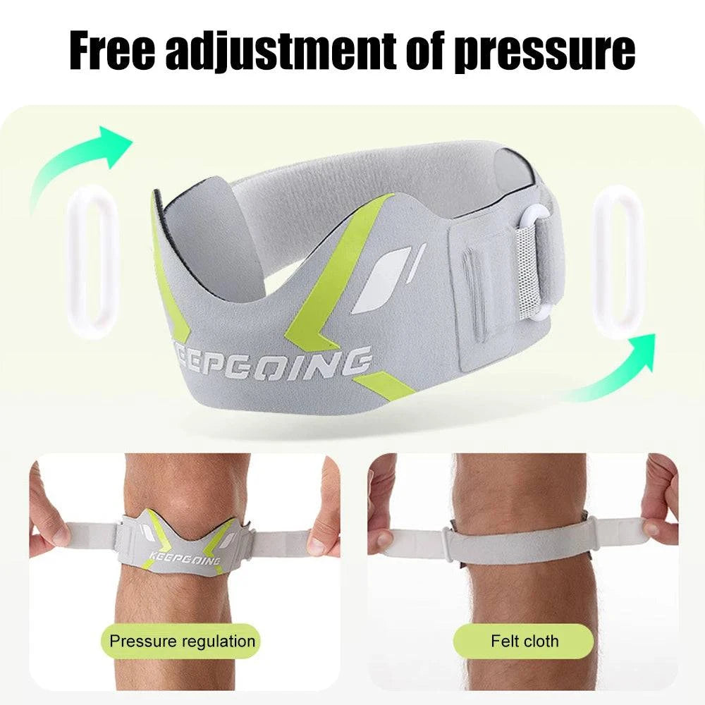 Nehwei Enterprise knee strap band with ergonomic pad for patella support and knee pain relief, shown in black on a plain background.
